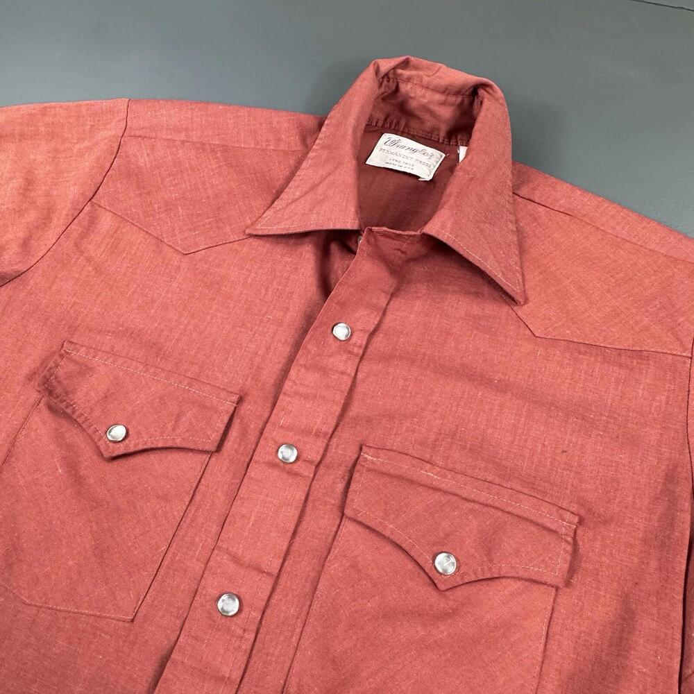 VTG Wrangler Shirt Men Medium Rust Burnt Orange Long Tail Pearl Snap 60s 70s EUC